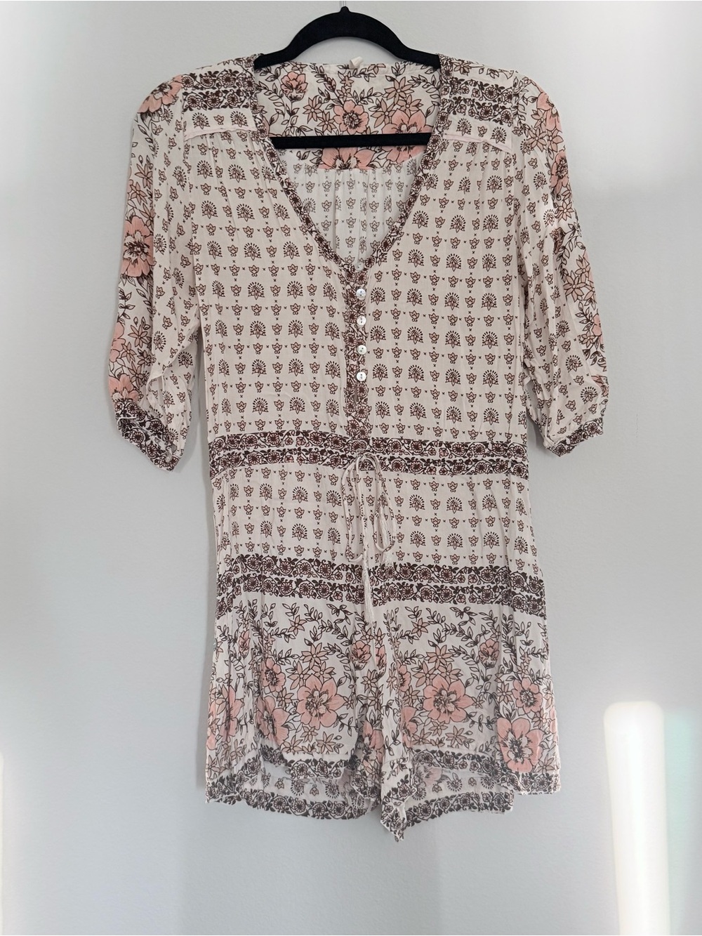 Spell Cream Floral Button-Front Tunic Romper with Pink Accents